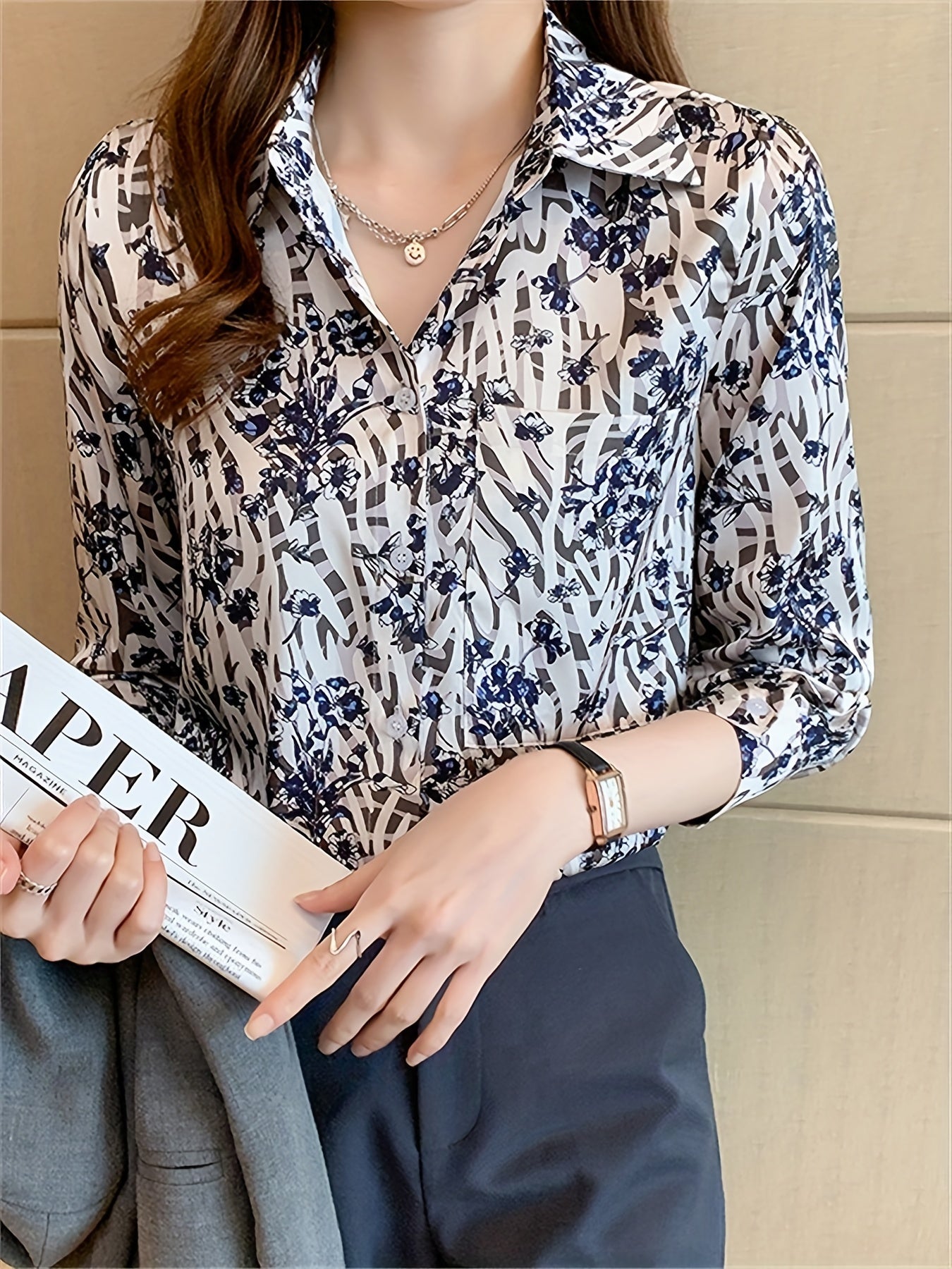 Floral Print Shirt, Vintage Button Front Long Sleeve Shirt, Women's Clothing
