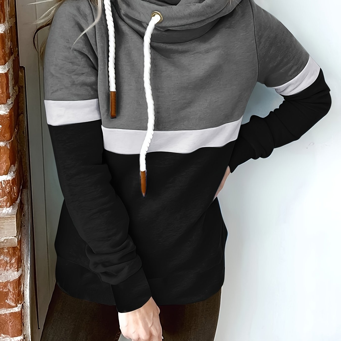 gbolsos Color Block Turtle Neck Hoodie, Casual Long Sleeve Drawstring Hoodies Sweatshirt, Women's Clothing