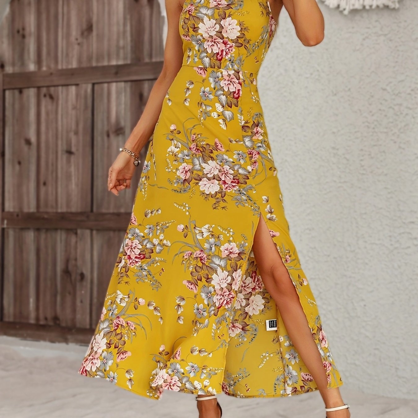 gbolsos Floral Print Split Halter Neck Dress, Sexy Halter Dress For Spring & Summer, Women's Clothing