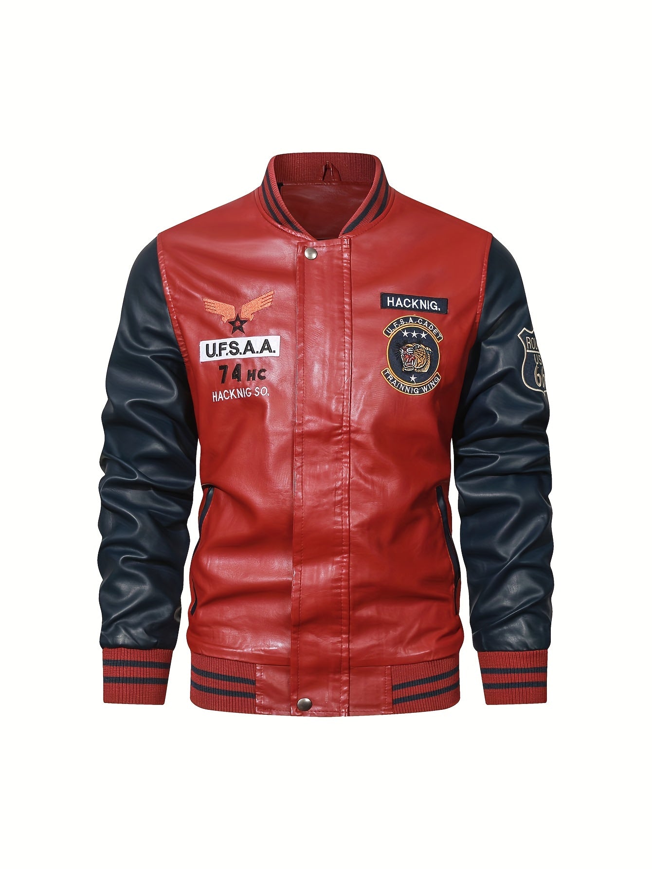 gbolsos Men's Casual Pockets "R" Print Zipper Long Sleeves Baseball Collar PULeather Jacket