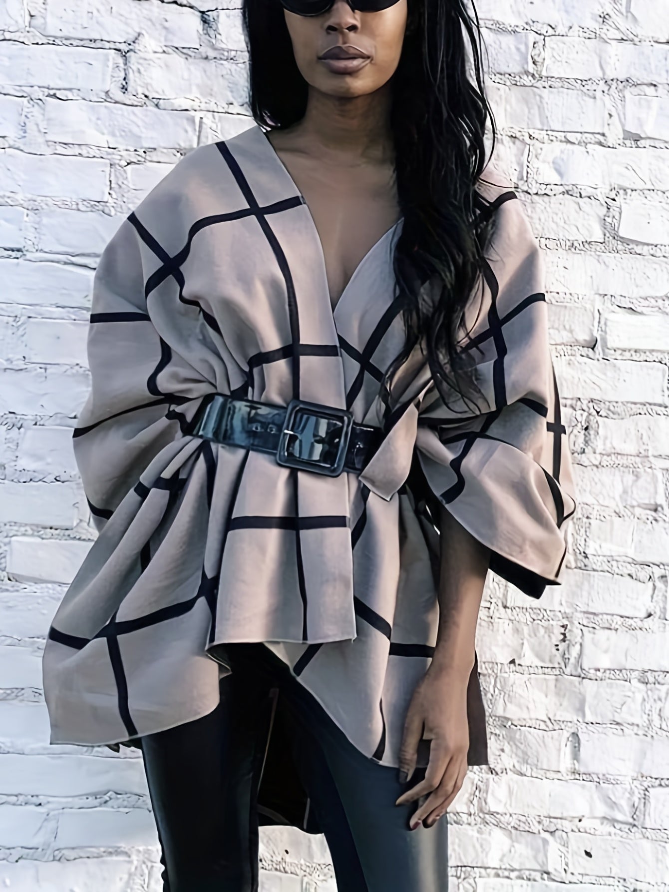 Plus Size Elegant Coat, Women's Plus Grid Print Batwing Sleeve Open Front Shawl Cape Coat