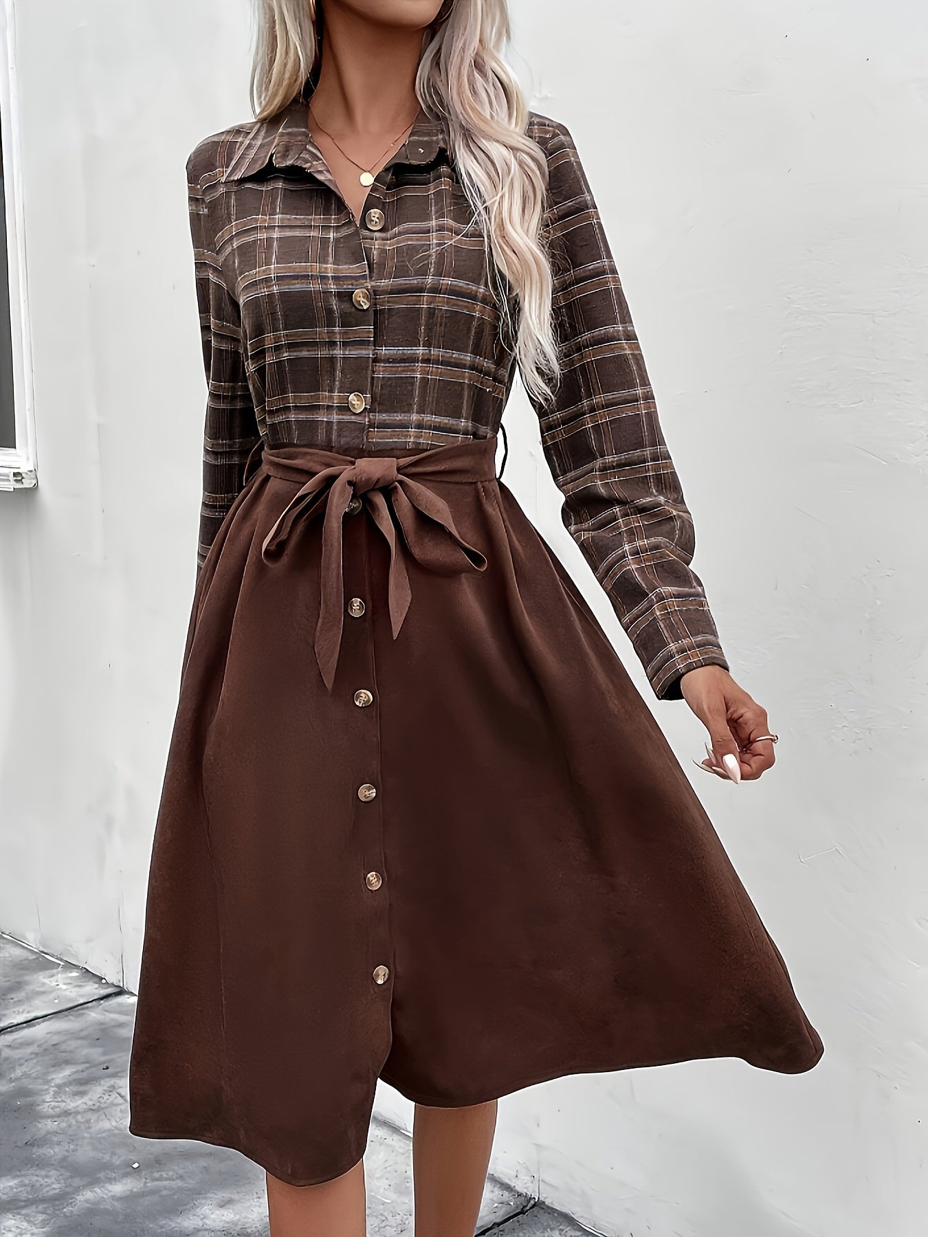 gbolsos Plaid Print Button Front Splicing Dress, Elegant Long Sleeve Dress, Women's Clothing