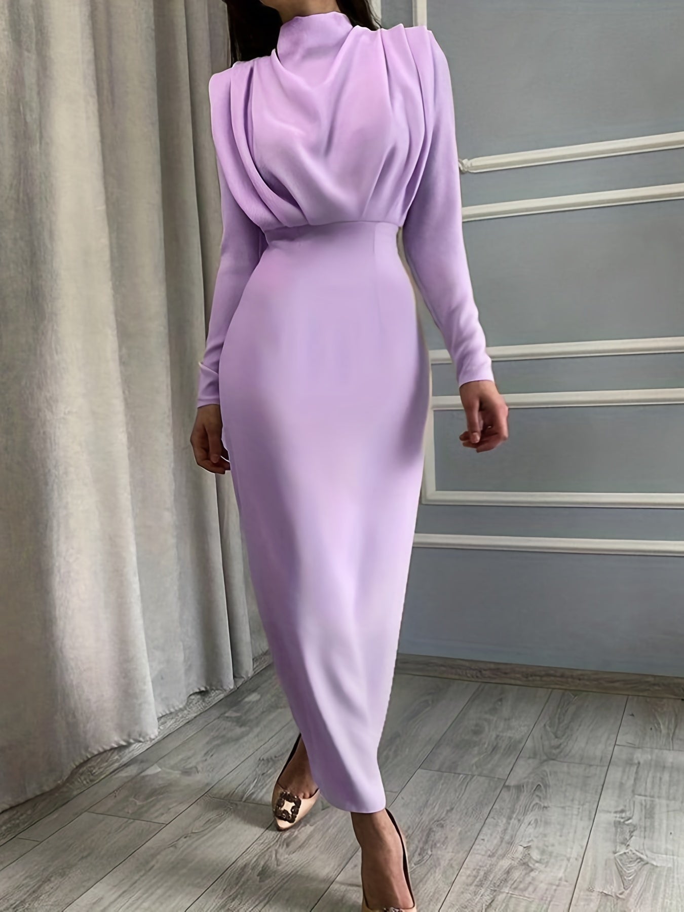 Solid Ruched Dress, Elegant Simple Long Sleeve Slim Waist Dress, Women's Clothing