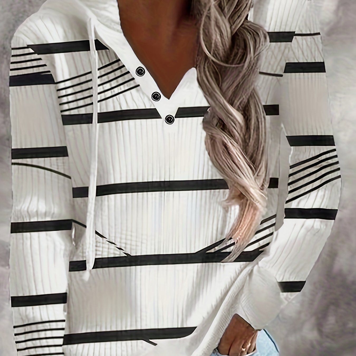 gbolsos Stripe Print Drawstring Hoodie, Casual Button Front Long Sleeve Hoodies, Women's Clothing