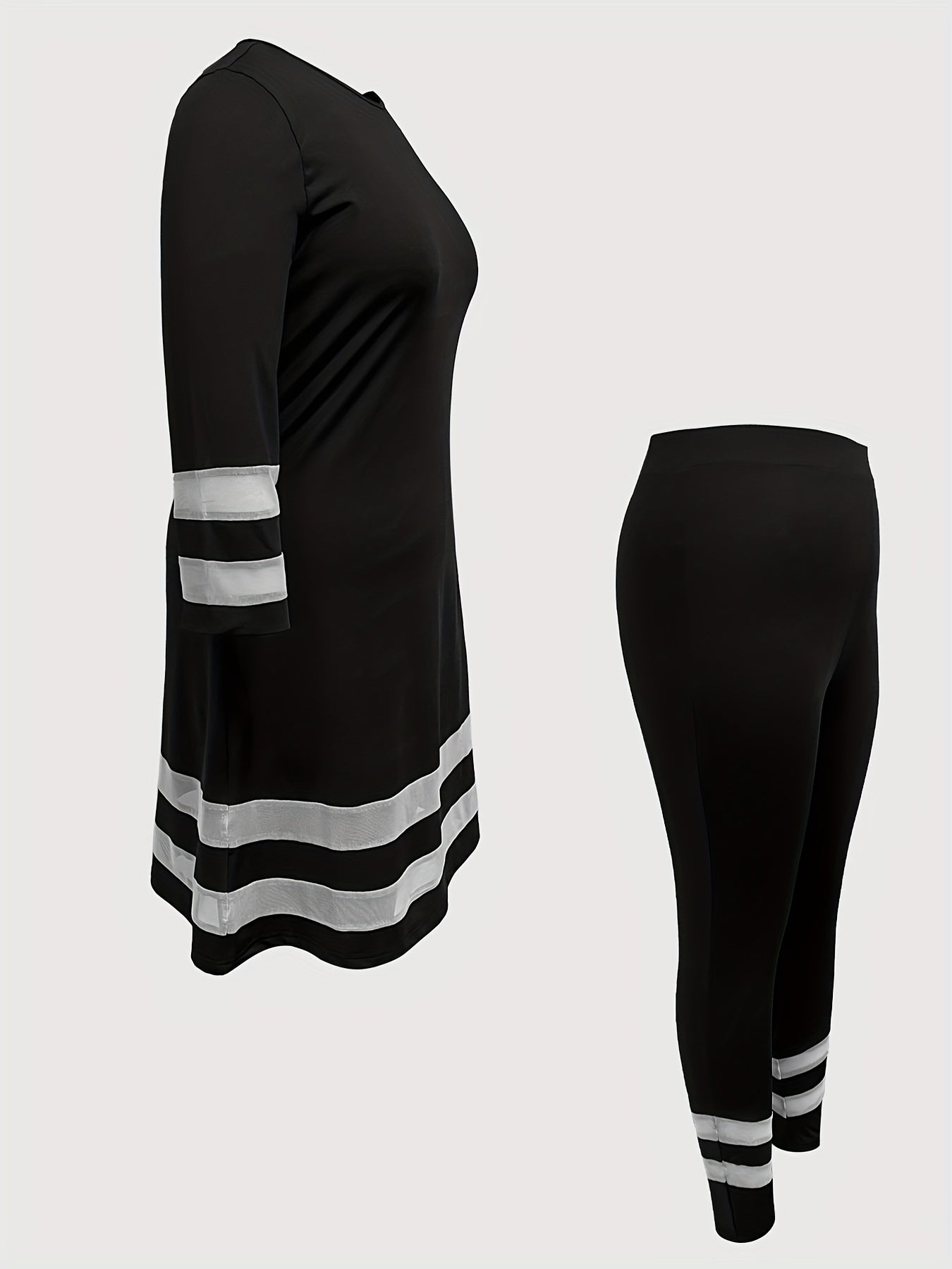 gbolsos Plus Size Stripe Print Two-piece Set, Crew Neck 3/4 Sleeve Top & Slim Pants Outfits, Women's Plus Size Clothing