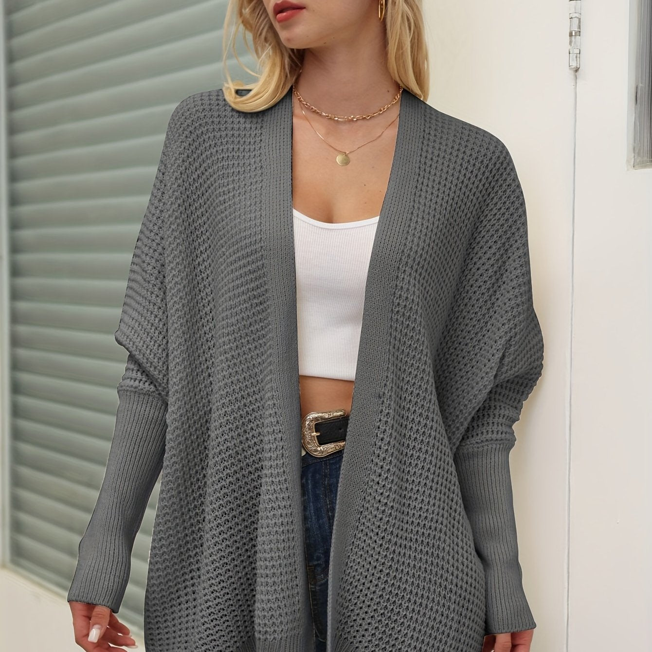 gbolsos Solid Simple Knit Cardigan, Casual Long Sleeve Open Front Sweater, Women's Clothing