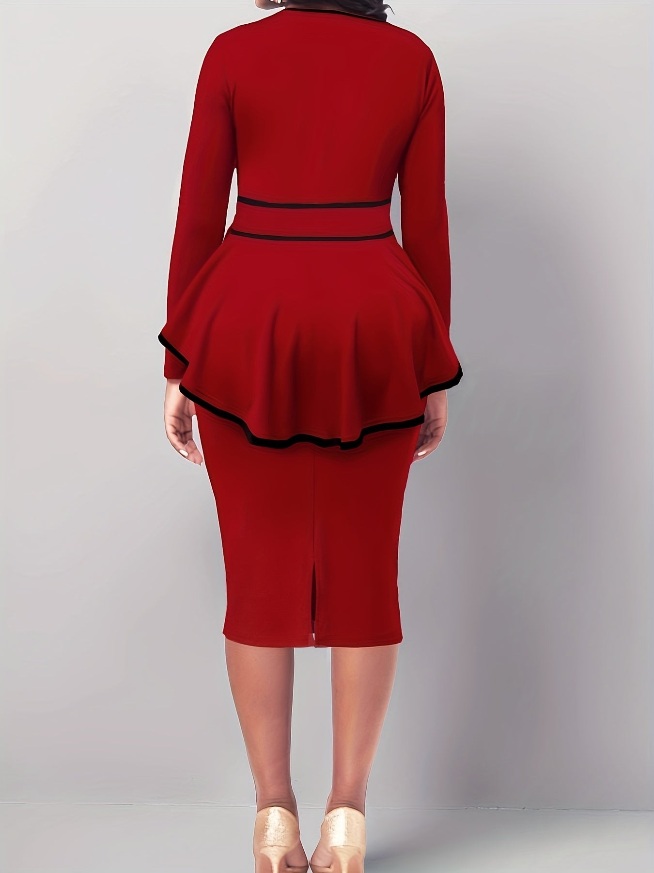gbolsos Elegant Work Two-piece Set, Long Sleeve Keyhole Tops & Bag Hip Knee Length Skirts Outfits, Women's Clothing