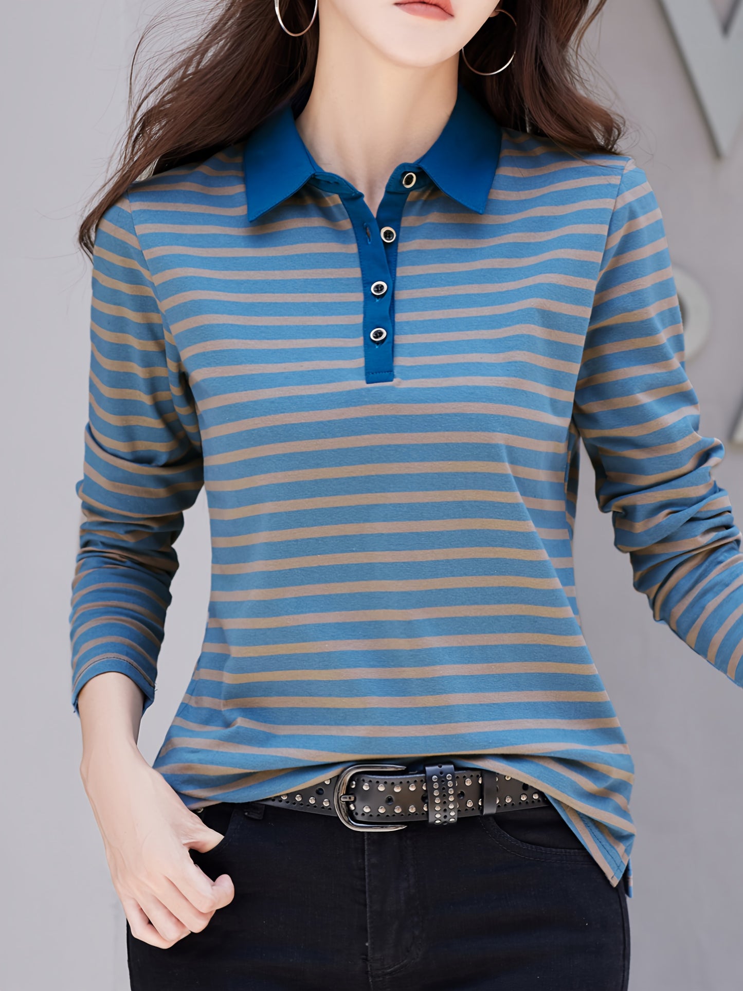 gbolsos Striped Print Button Front T-Shirt, Casual Long Sleeve T-Shirt For Spring & Fall, Women's Clothing
