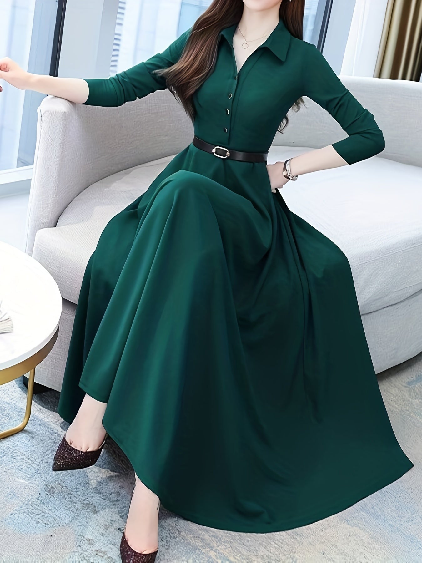 gbolsos Solid Buttons Dress, Vintage High Waist Long Sleeve Pleated Dress, Women's Clothing