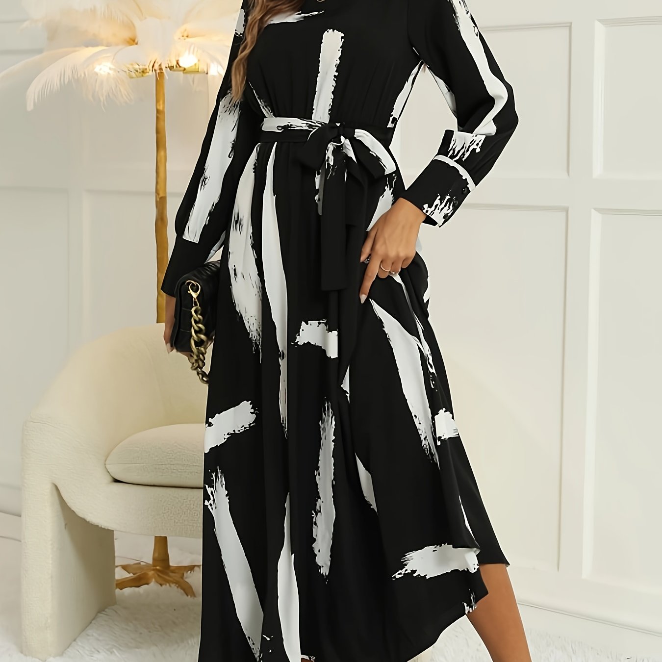 gbolsos Brush Print Keyhole Dress, Elegant Long Sleeve Maxi Dress, Women's Clothing
