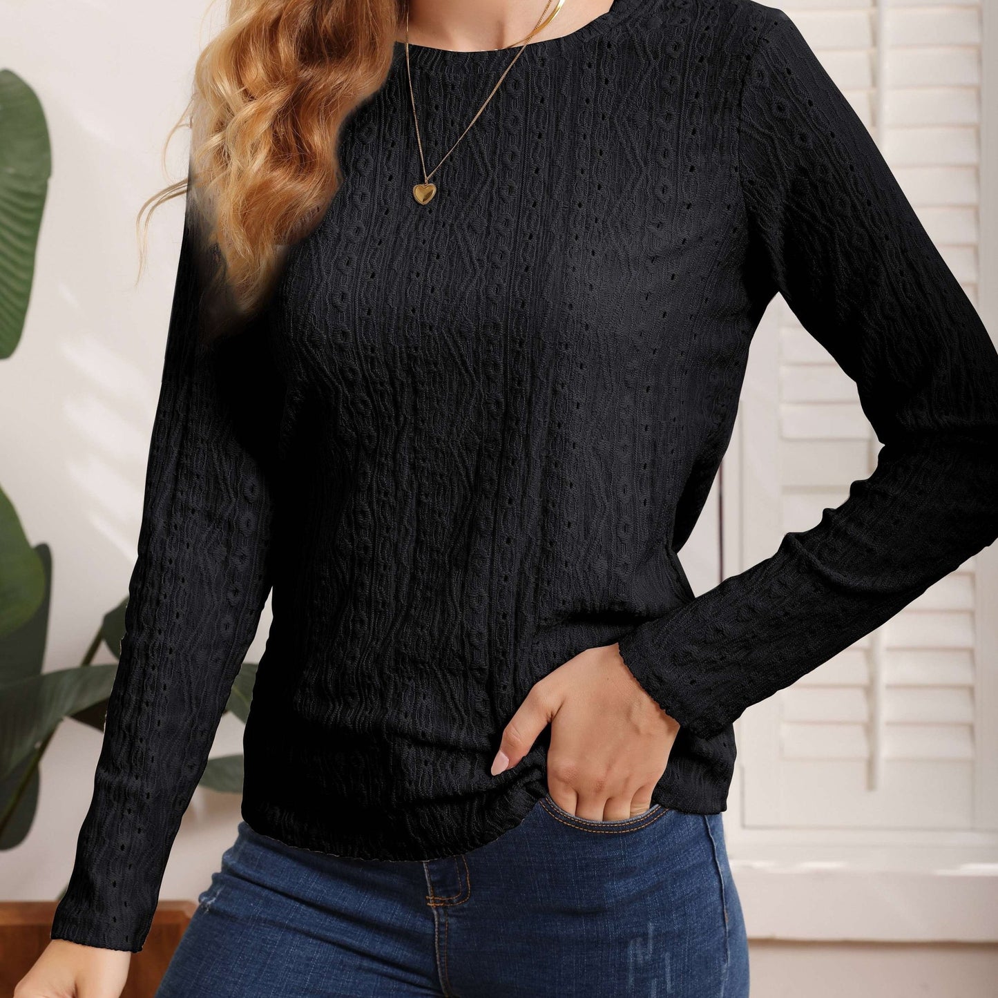 gbolsos Eyelet Solid T-shirt, Casual Crew Neck Long Sleeve T-shirt, Women's Clothing
