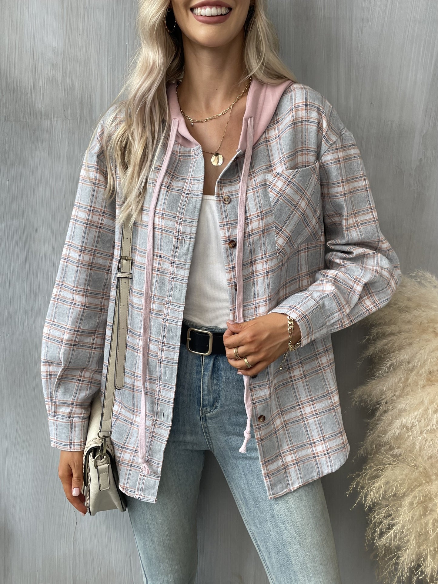 gbolsos Hooded Plaid Print Blouse, Casual Button Front Drawstring Long Sleeve Blouse, Women's Clothing