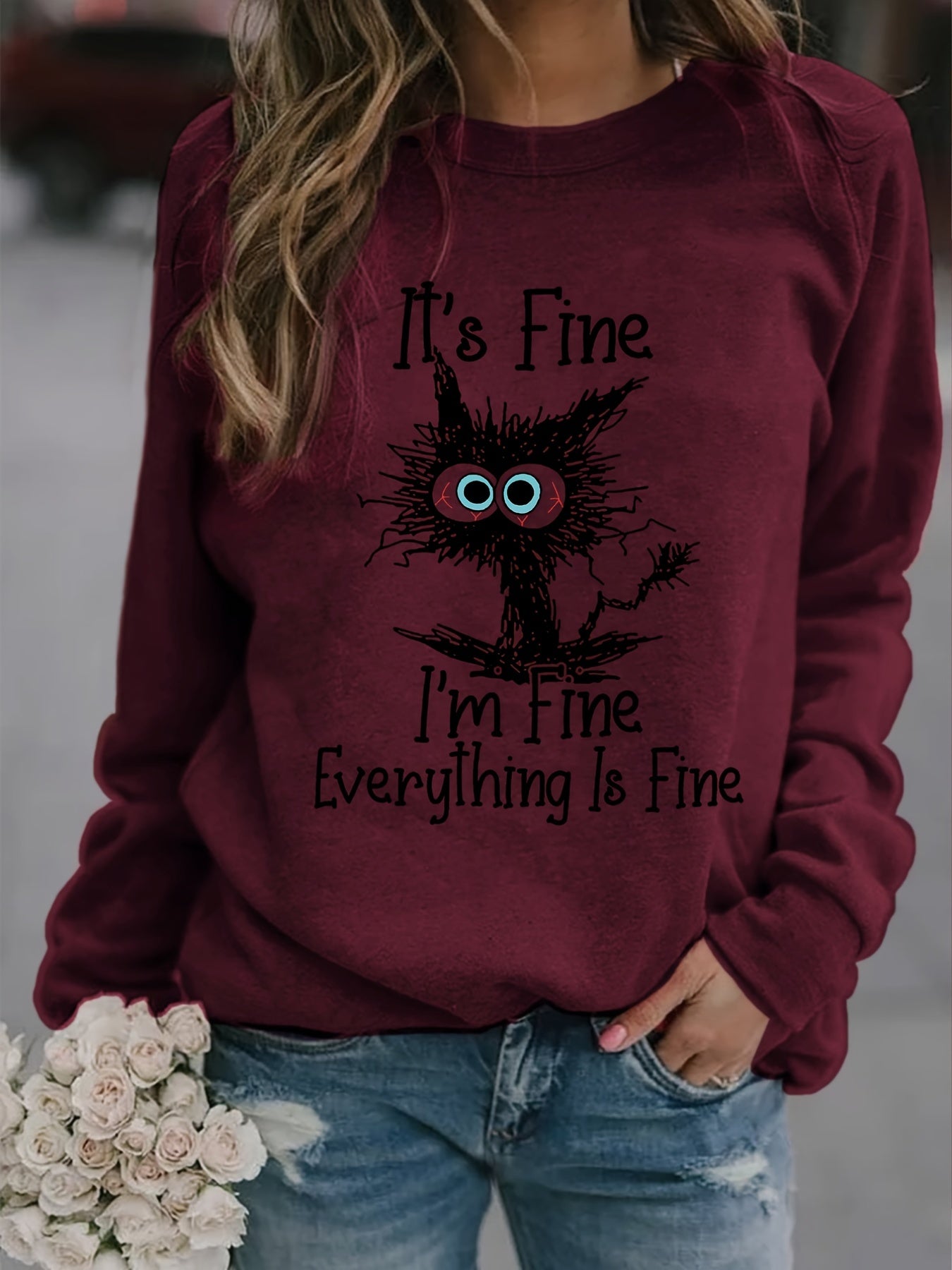 gbolsos It's Fine Cartoon Cat Print Sweatshirt, Long Sleeve Crew Neck Casual Sweatshirt For Winter & Fall, Women's Clothing