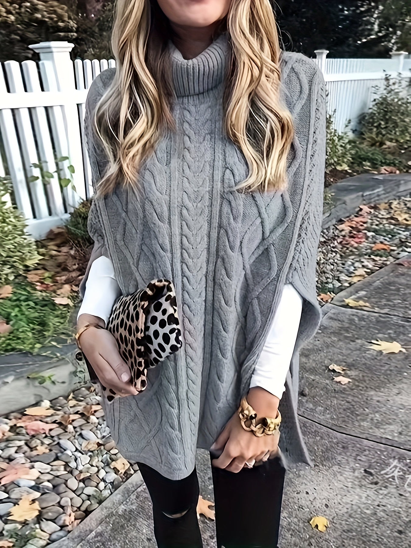 Solid Turtle Neck Cable Knit Sweater, Casual Split Side Sweater, Women's Clothing