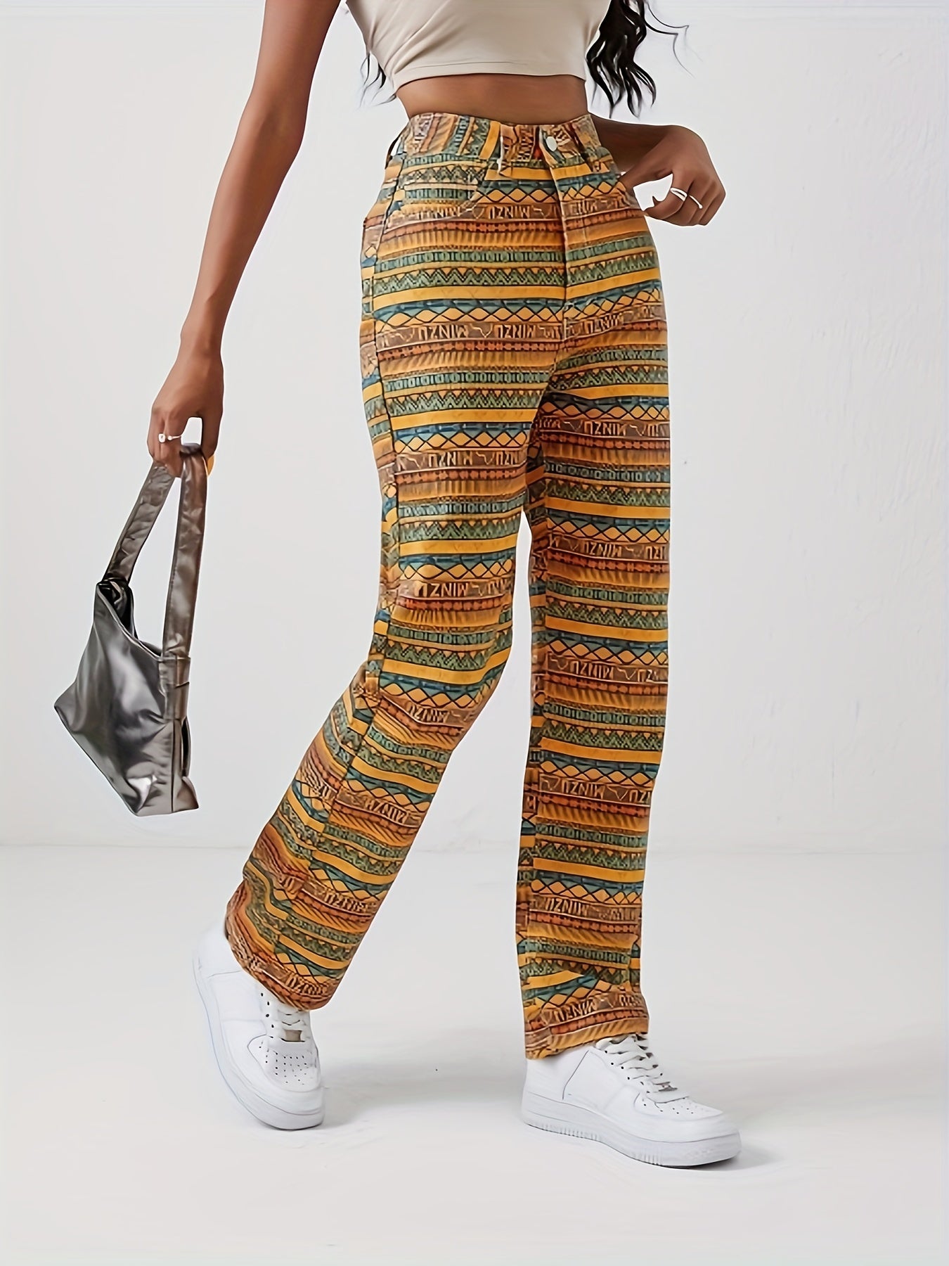 gbolsos Geometric Striped Print Straight Jeans, Loose Fit Non-Stretch Street Style Denim Pants, Women's Denim Jeans & Clothing