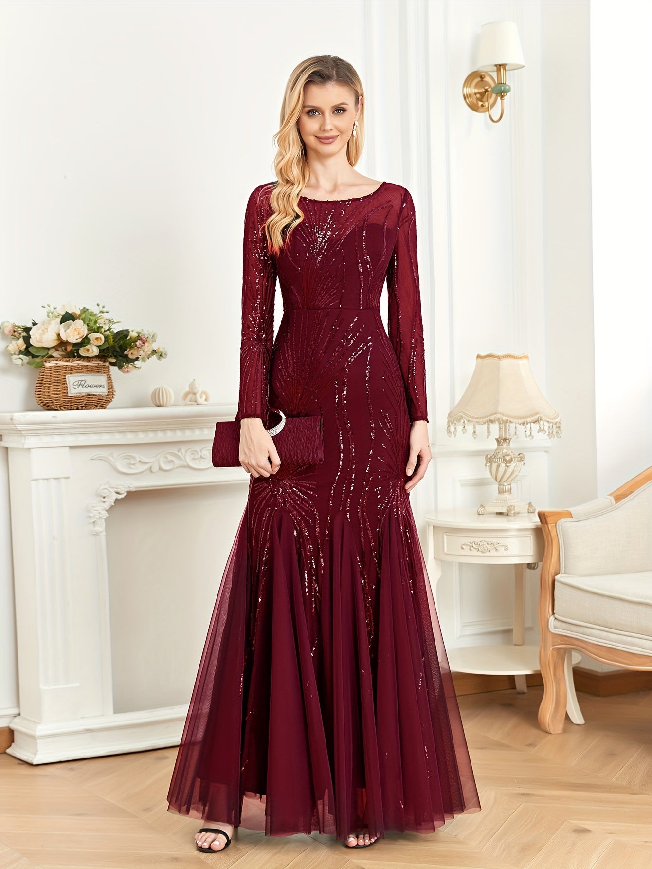 gbolsos Sequined Ruffle Mesh Splicing Dress, Elegant Long Sleeve Crew Neck Mermaid Hem Dress For For Party & Banquet, Women's Clothing