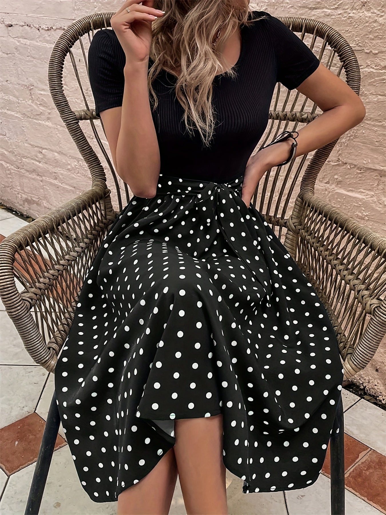 Polka Dot Print Splicing Dress, Casual Crew Neck Short Sleeve Dress, Women's Clothing