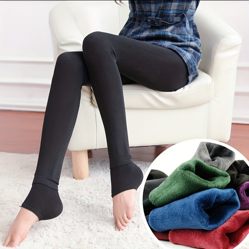Plush Lined Crop Tights, Comfy Thermal High Waisted Elastic Leggings Pants, Women's Stockings & Hosiery