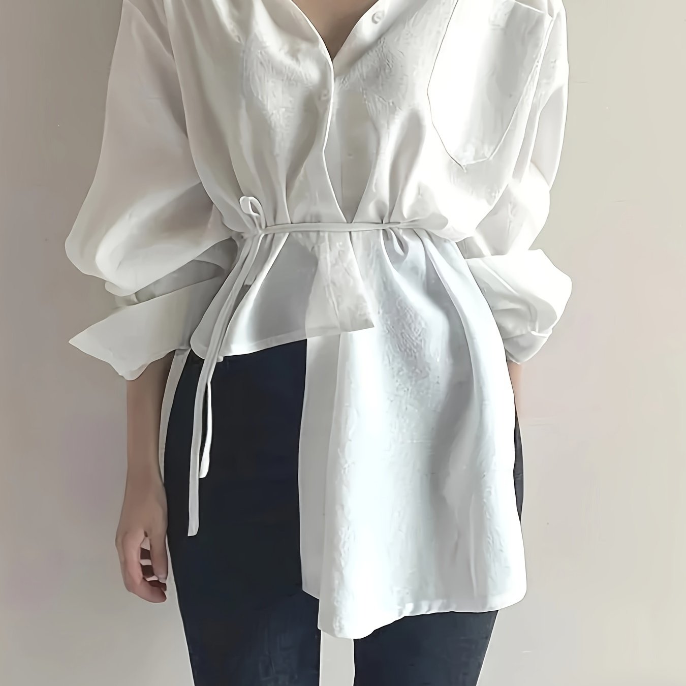 gbolsos Solid Tie Waist Asymmetrical Hem Blouse, Versatile Long Sleeve Button Front Blouse, Women's Clothing