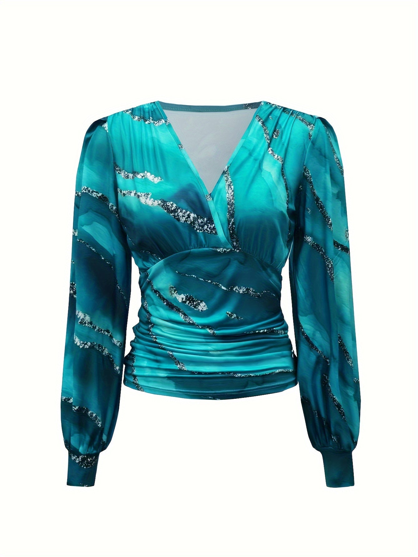 gbolsos Color Block Ruched T-Shirt, Casual V Neck Long Sleeve Top For Spring & Fall, Women's Clothing