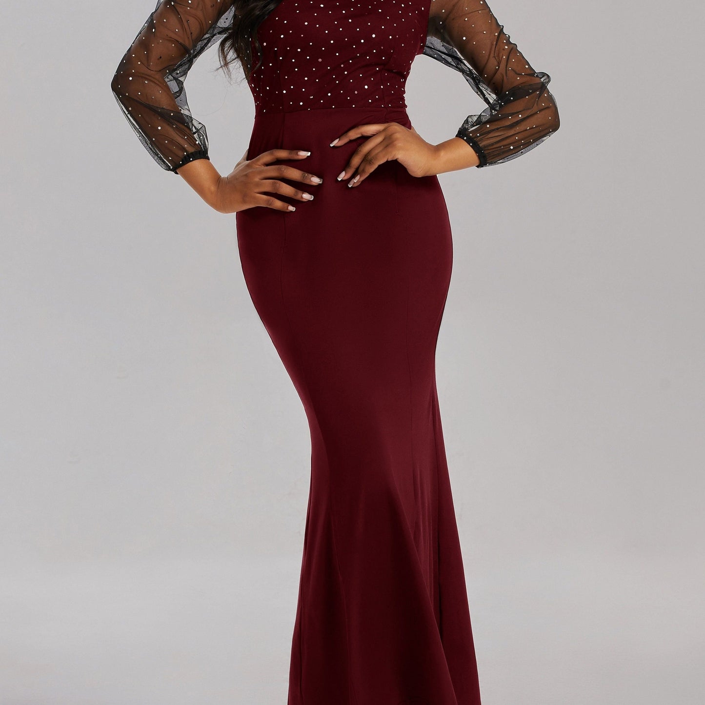 gbolsos Solid Sheer Sleeve Dress, Elegant Crew Neck Mermaid Bodycon Maxi Party Dress, Women's Clothing