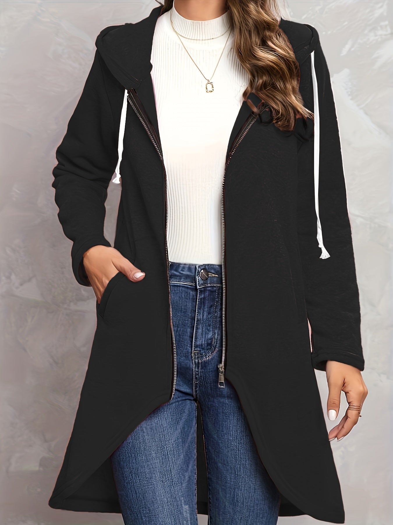 Solid Zip Up Long Sleeve Hoodie, Casual Long Sleeve Drawstring Hoodies Sweatshirt, Women's Clothing