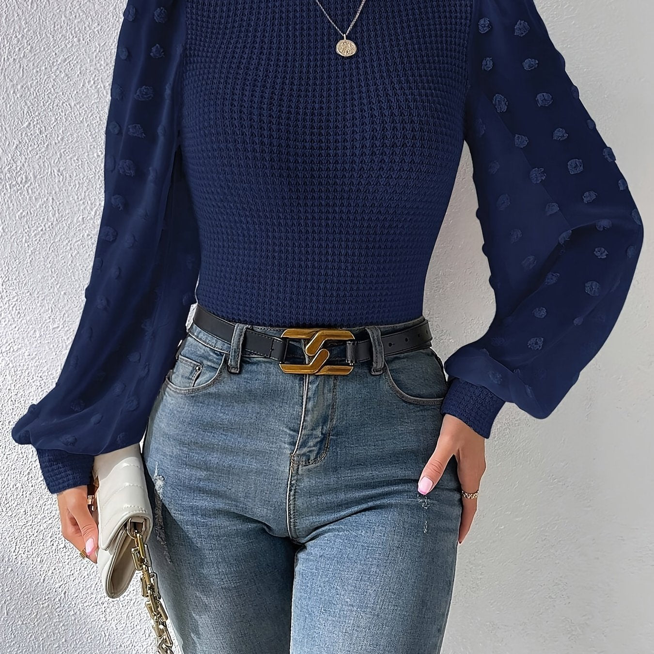 gbolsos Swiss Dot Mock Neck Blouse, Casual Long Lantern Sleeve Blouse For Spring & Fall, Women's Clothing