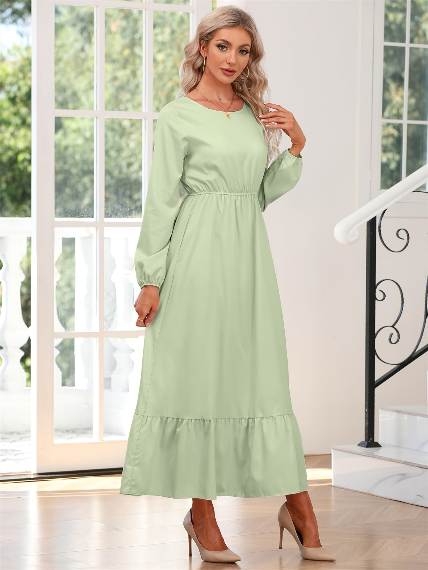 gbolsos Elegant Crew Neck Draped Extra-long Dress, Casual Long Sleeve Solid Elastic Waist Ruffle Hem Party Long Dresses, Women's Clothing