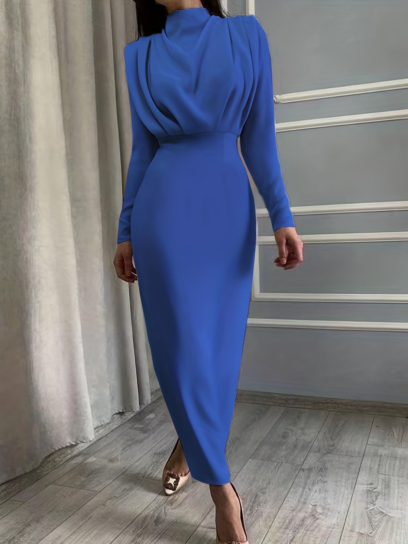 Solid Ruched Dress, Elegant Simple Long Sleeve Slim Waist Dress, Women's Clothing