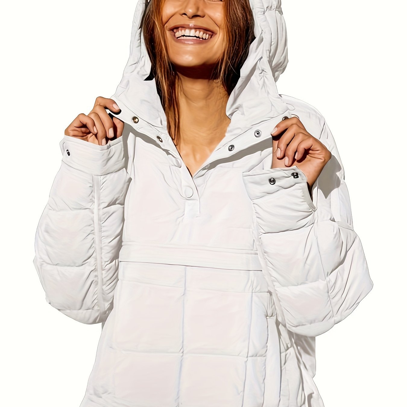 Plus Size Casual Winter Coat, Women's Plus Solid Quilted Button Up Long Sleeve Hooded Pullover Puffer Coat