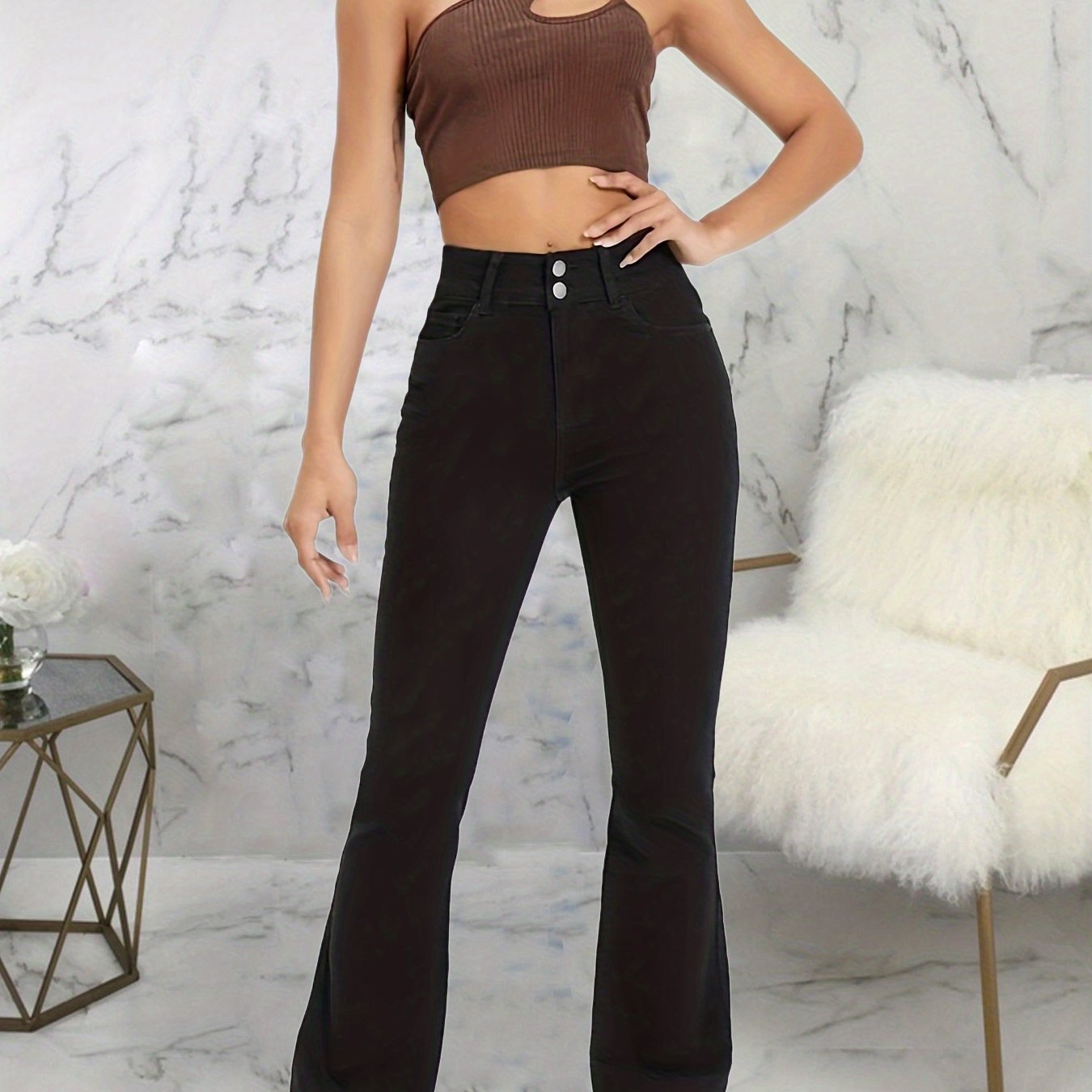 gbolsos Plain Double Button Wide Leg Jeans, High Rise Mid Strech Street Style Flare Denim Pants, Women's Denim Jeans & Clothing