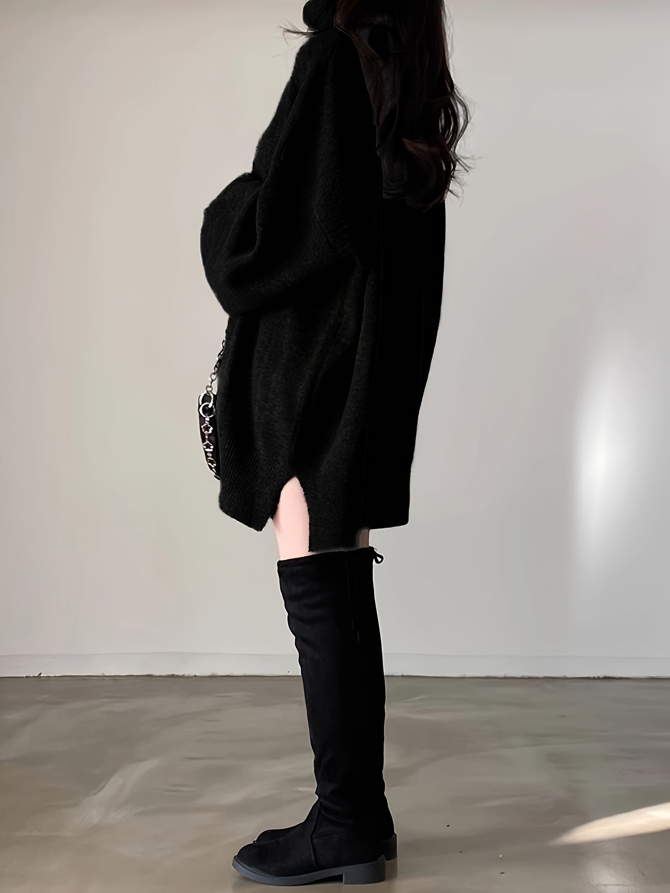 gbolsos Solid Turtle Neck Pullover Sweater, Casual Lantern Sleeve Split Oversized Sweater, Women's Clothing