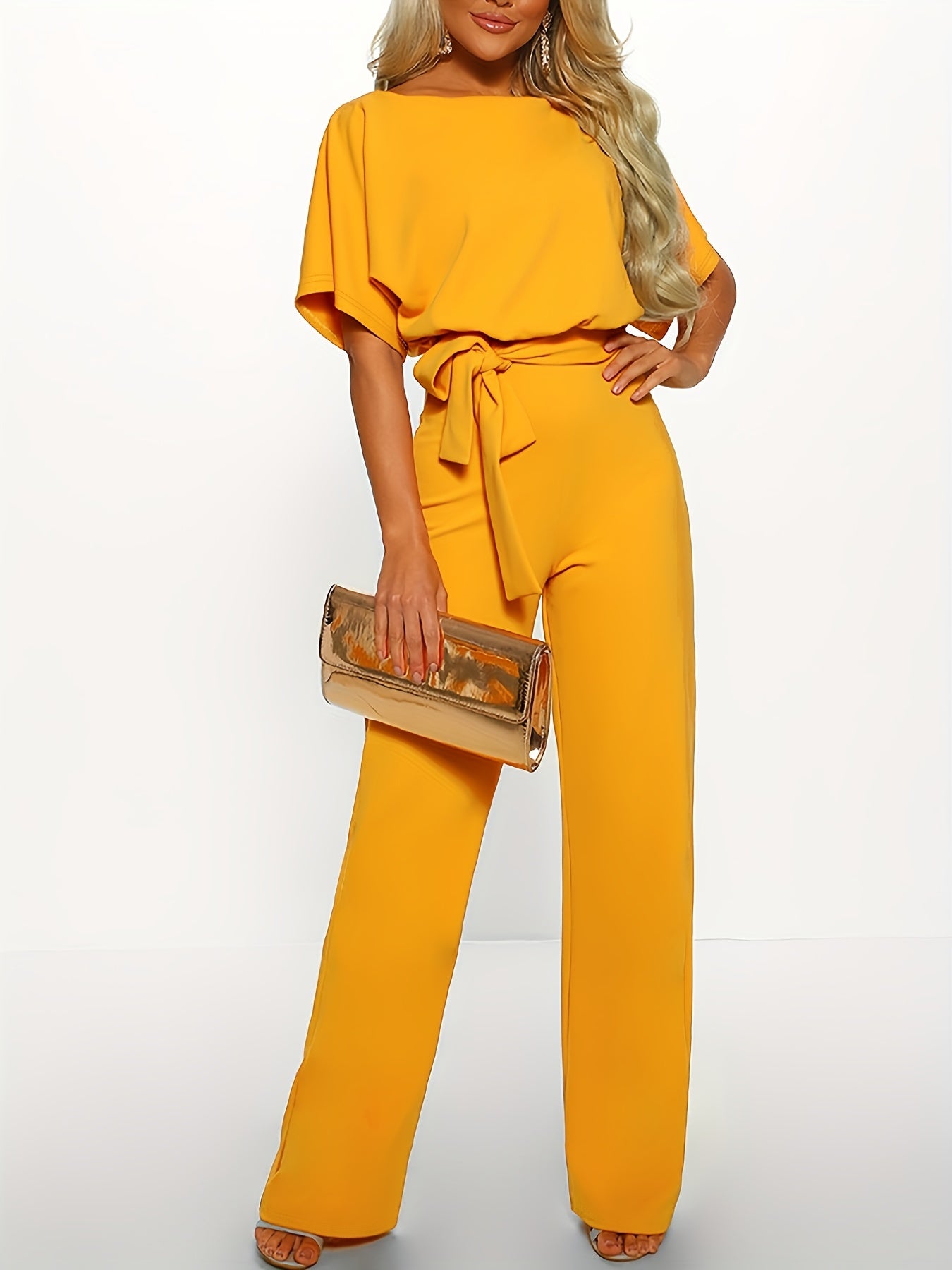 kkboxly Batwing Sleeve Belted Jumpsuit, Solid Casual Jumpsuit, Women's Clothing