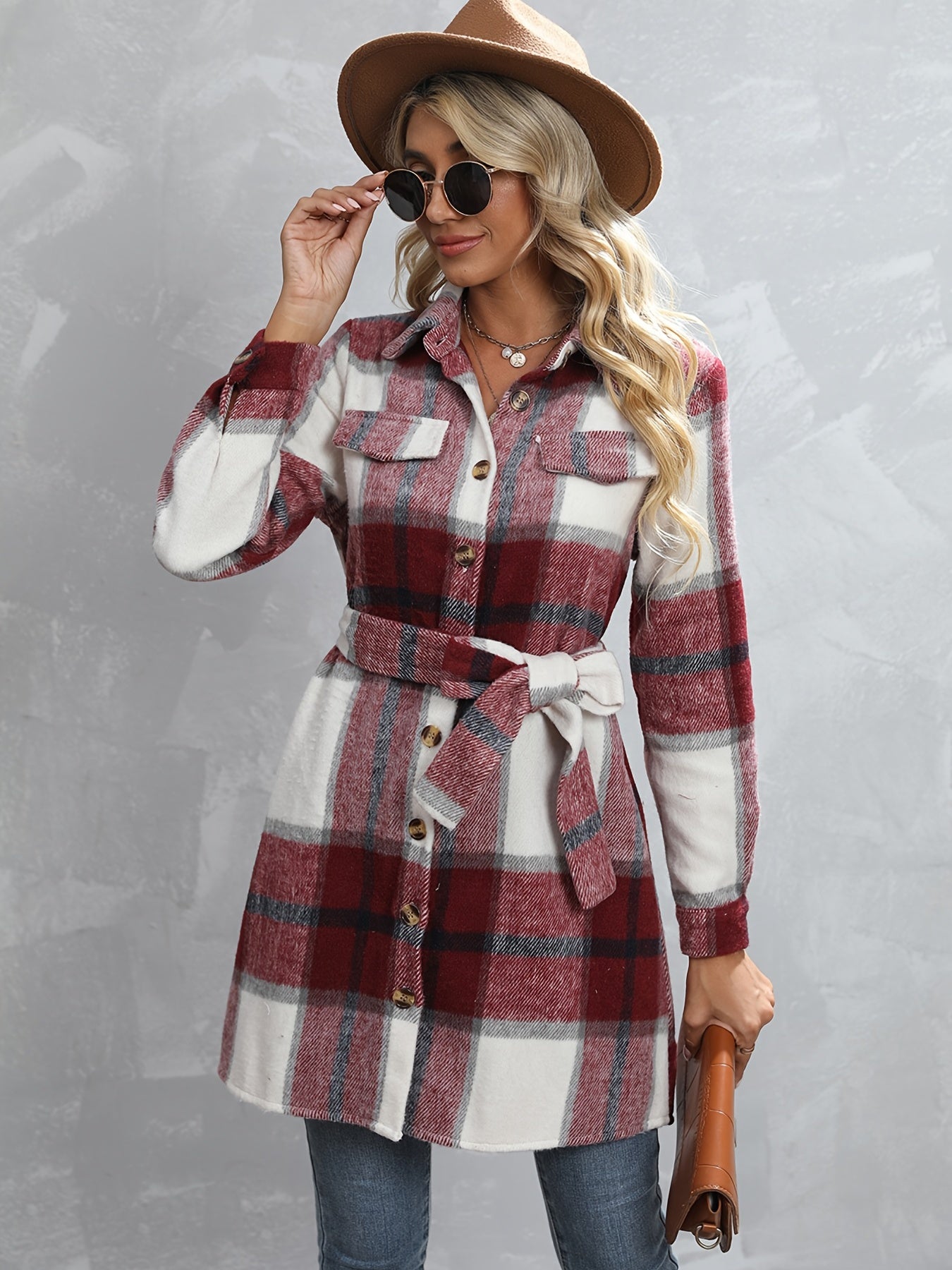 gbolsos Button Plaid Tie Waist Jacket, Casual Long Sleeve Jacket For Fall & Winter, Women's Clothing