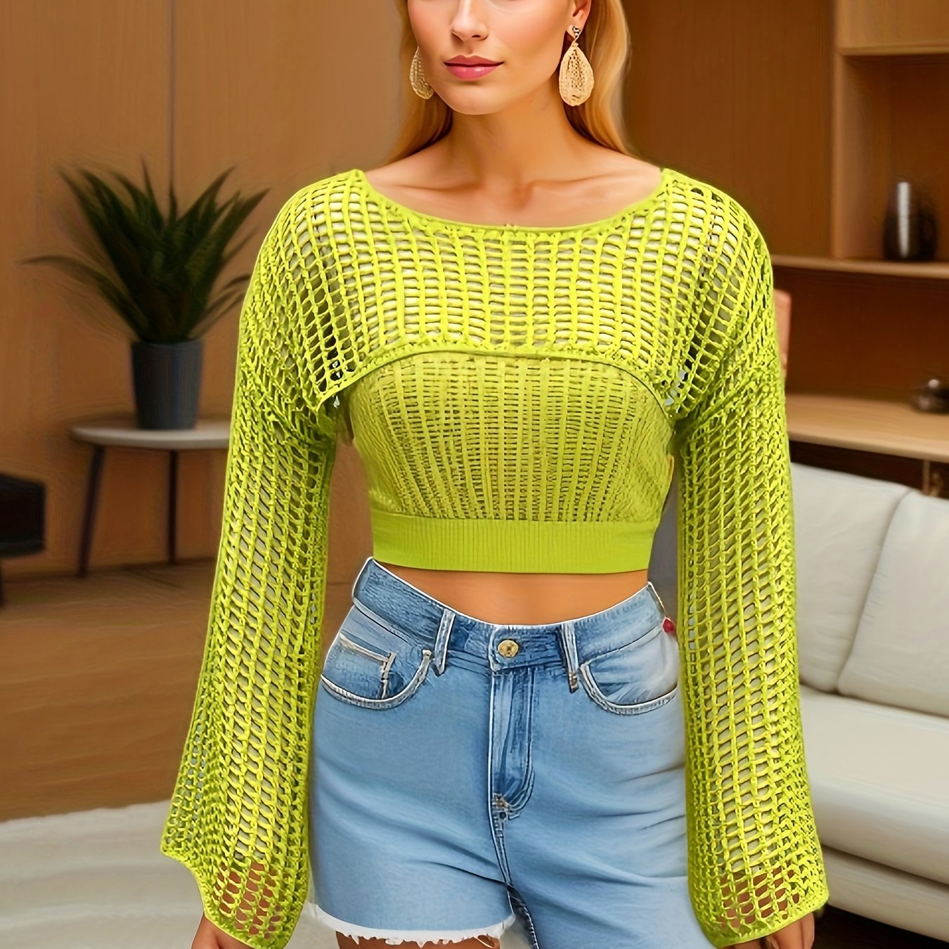Y2K Hollow Out Crop Sweater, Long Sleeve Casual Sweater For Spring & Fall, Women's Clothing