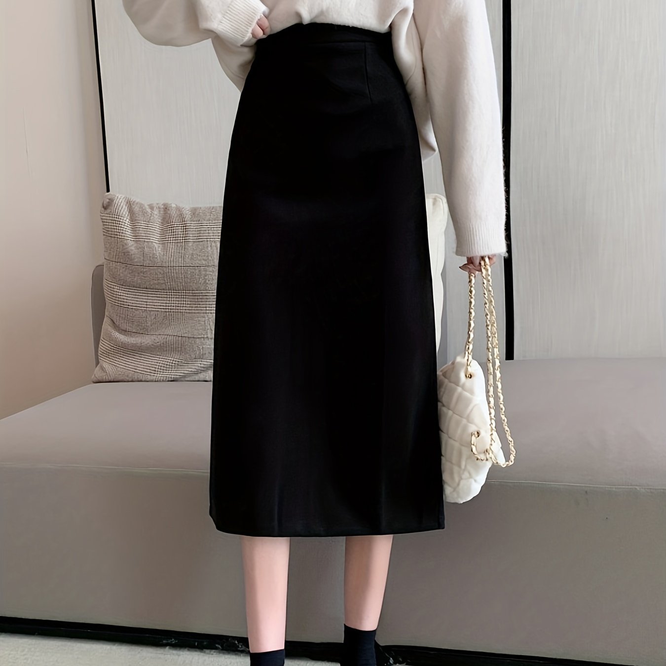 Solid High Waist Split Back Skirt, Vintage A Line Midi Skirt For Spring & Fall, Women's Clothing