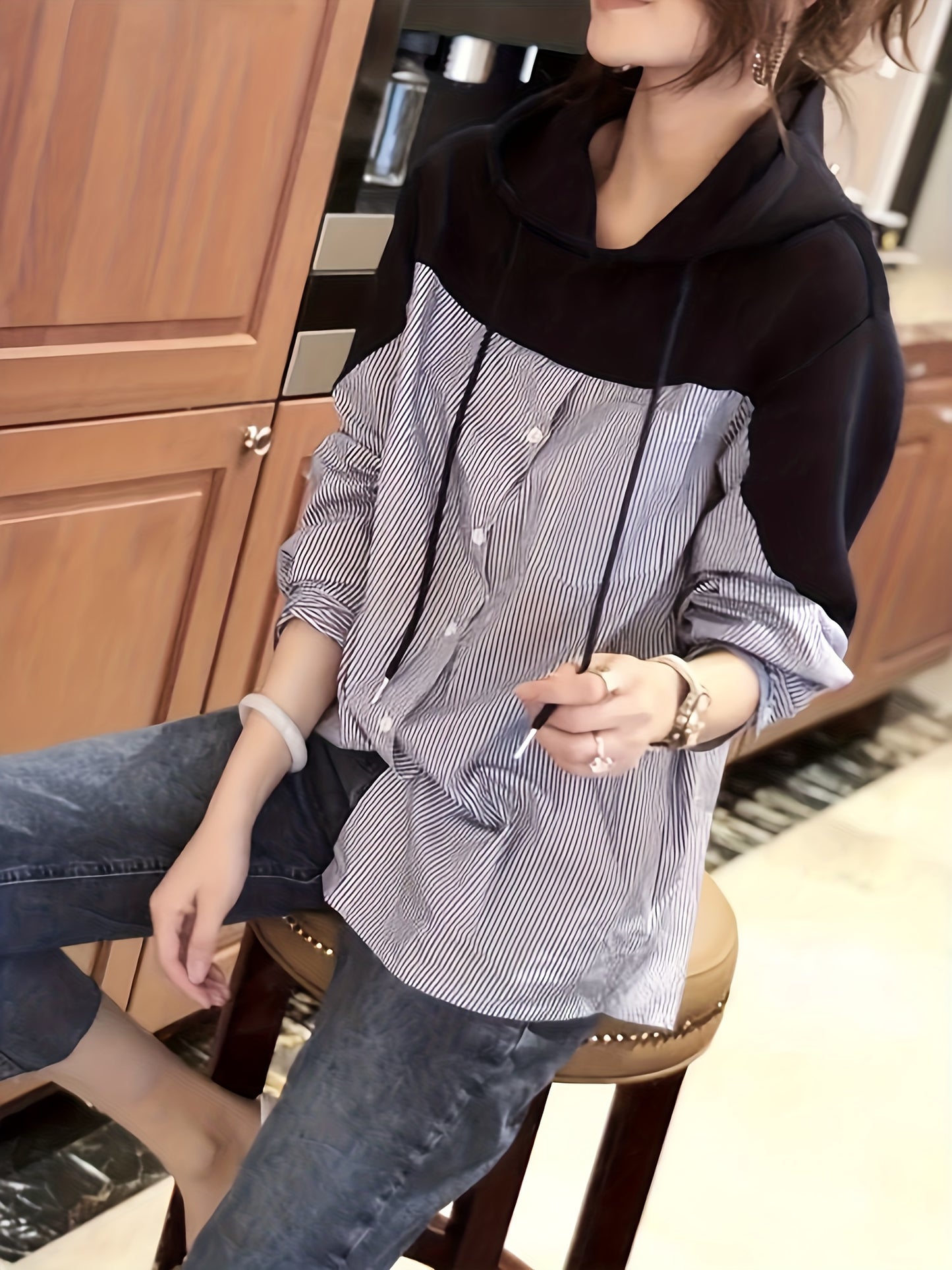 gbolsos Patchwork Striped Print Button Hoodie, Casual Cuff Sleeve Drawstring Hoodies Sweatshirt, Women's Clothing