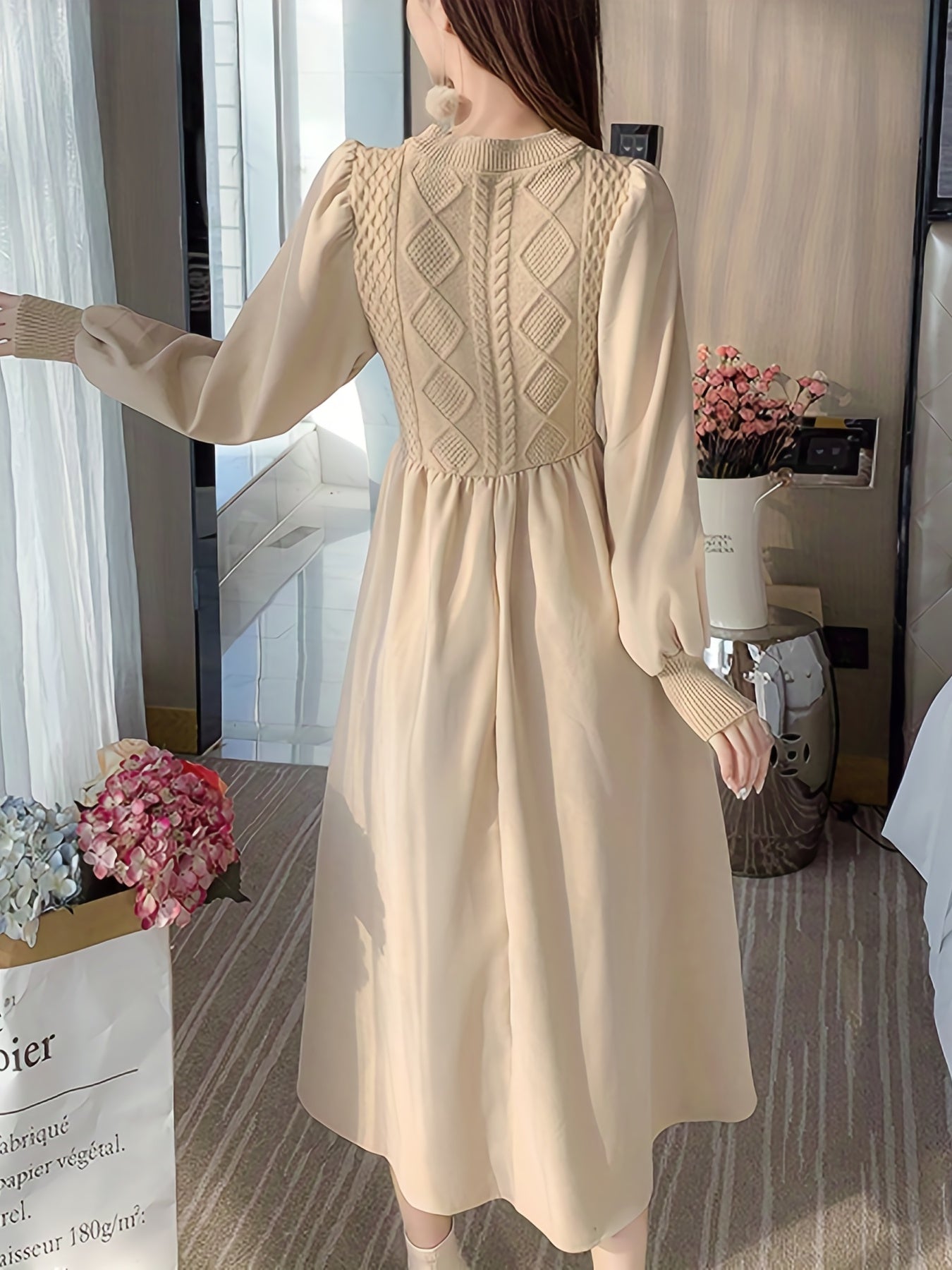 gbolsos Solid Knitted Dress, Elegant Crew Neck Long Sleeve Dress, Women's Clothing