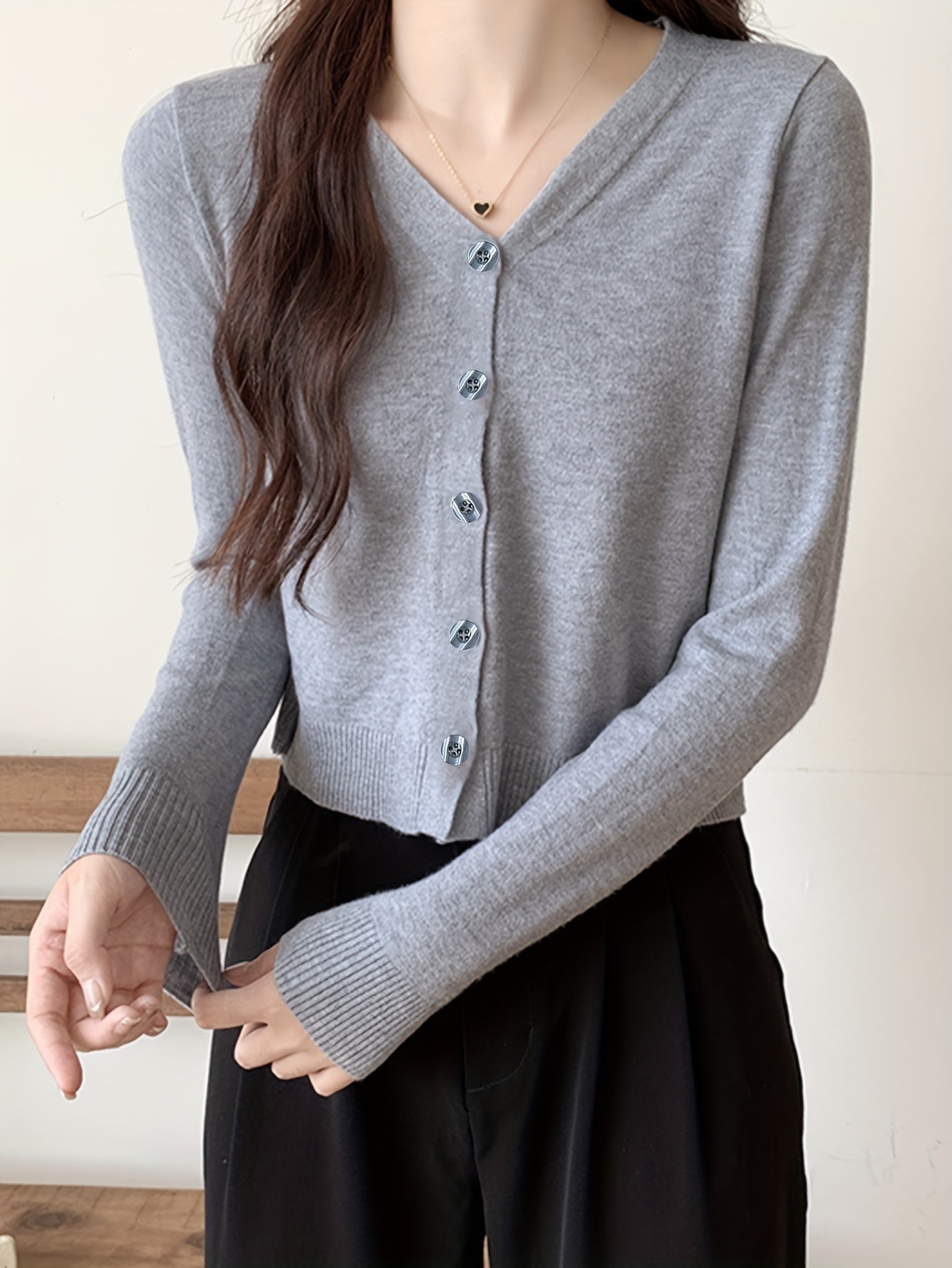 Solid Button Front Cardigan, Casual Long Sleeve Simple Outwear, Women's Clothing