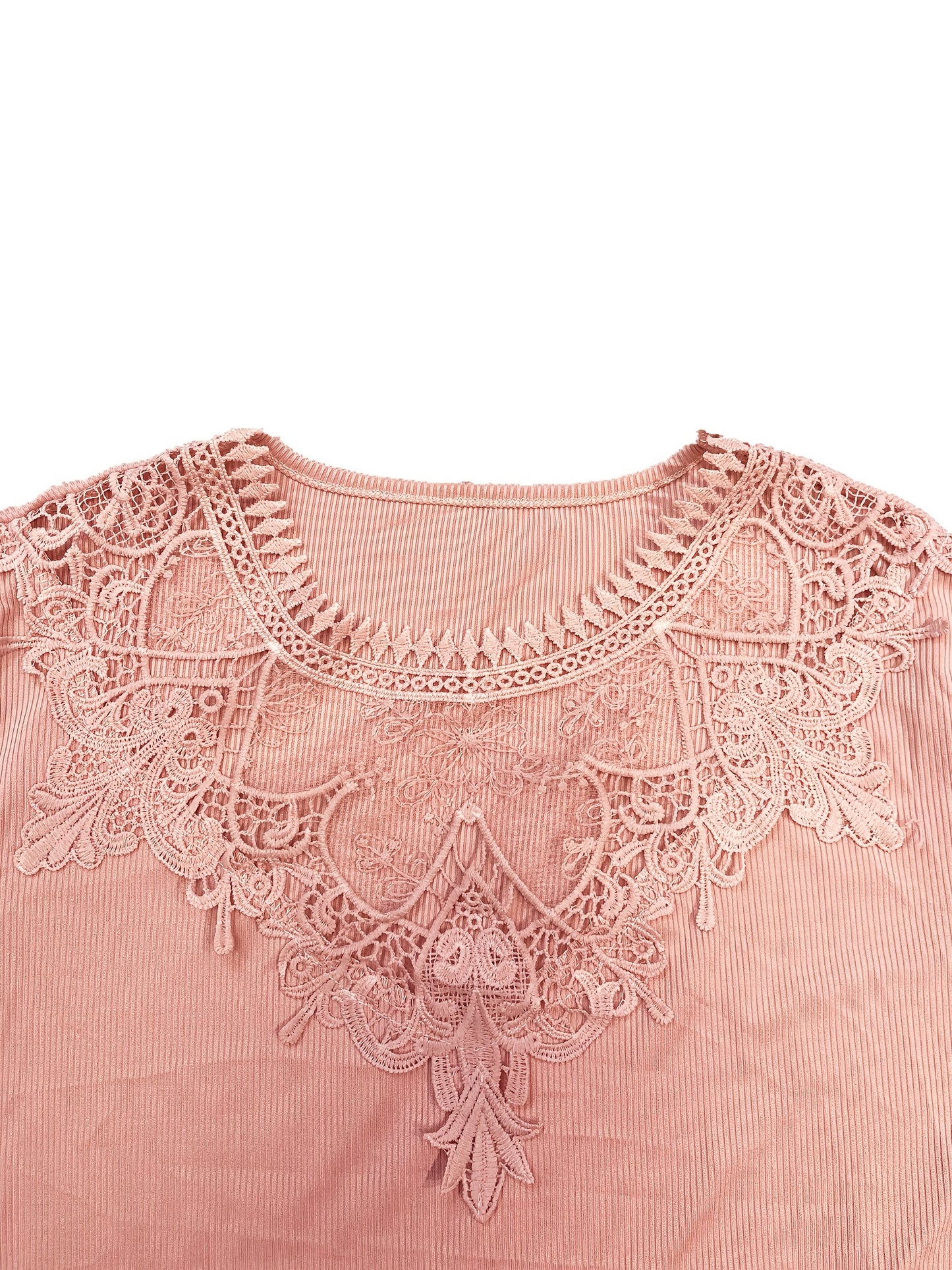 Plus Size Casual Top, Women's Plus Solid Contrast Lace Bell Sleeve Round Neck Medium Stretch Top