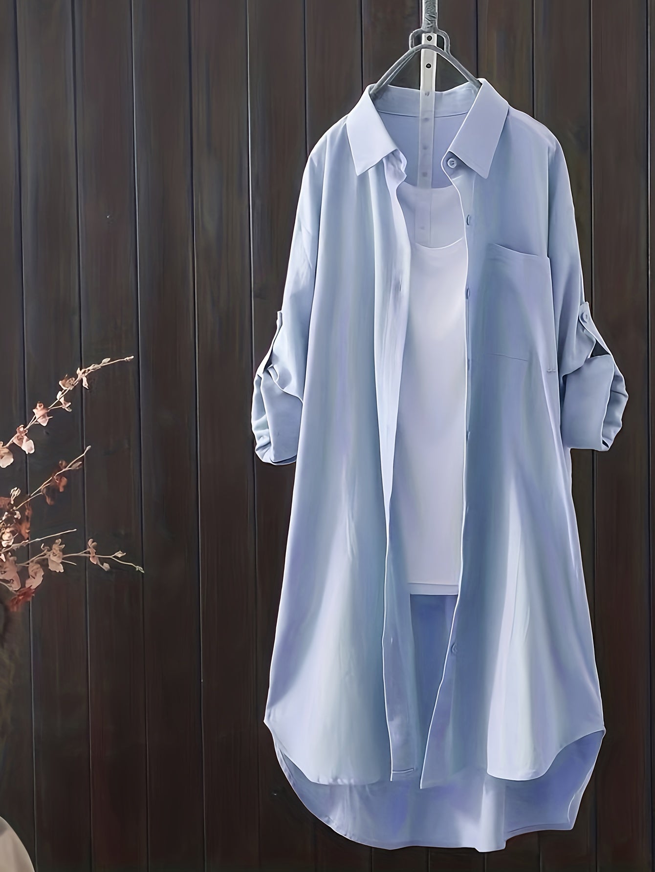 gbolsos Solid Button Down Shirt, Casual Lapel Long Sleeve Curved Hem Shirt, Women's Clothing