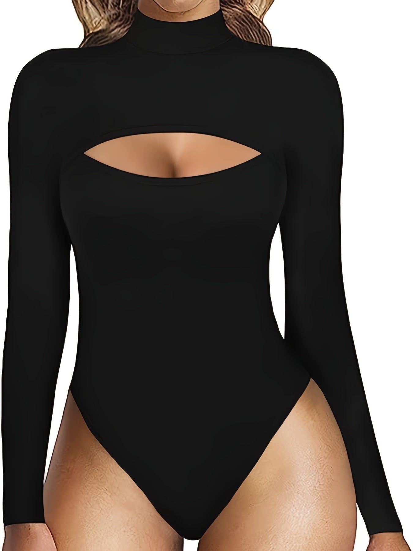 gbolsos Plus Size Sexy Bodysuit, Women's Plus Solid Cut Out Front Long Sleeve High Neck Slim Fit Bodysuit