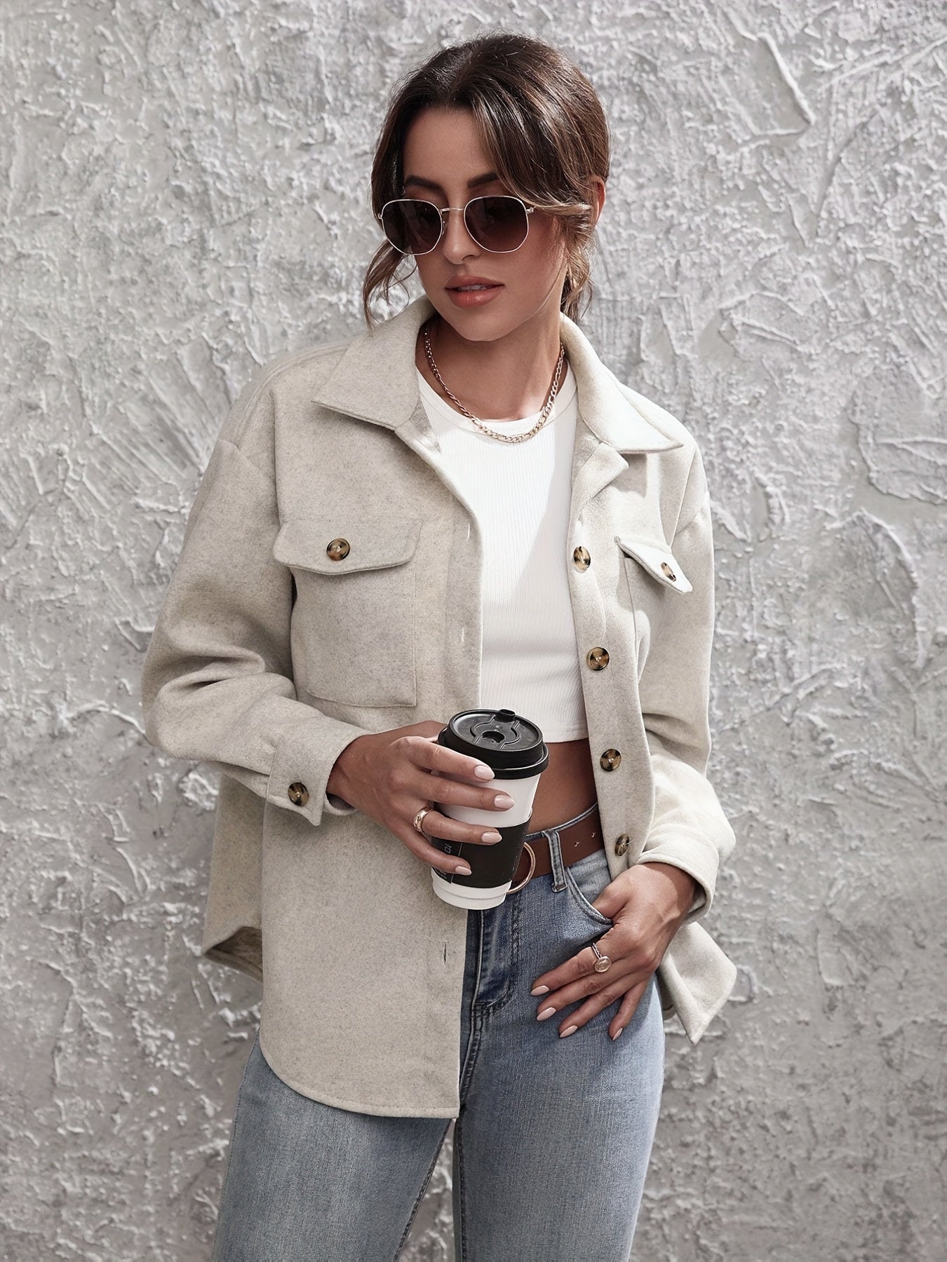 gbolsos Solid Simple Shacket Jacket, Casual Button Front Long Sleeve Outerwear, Women's Clothing