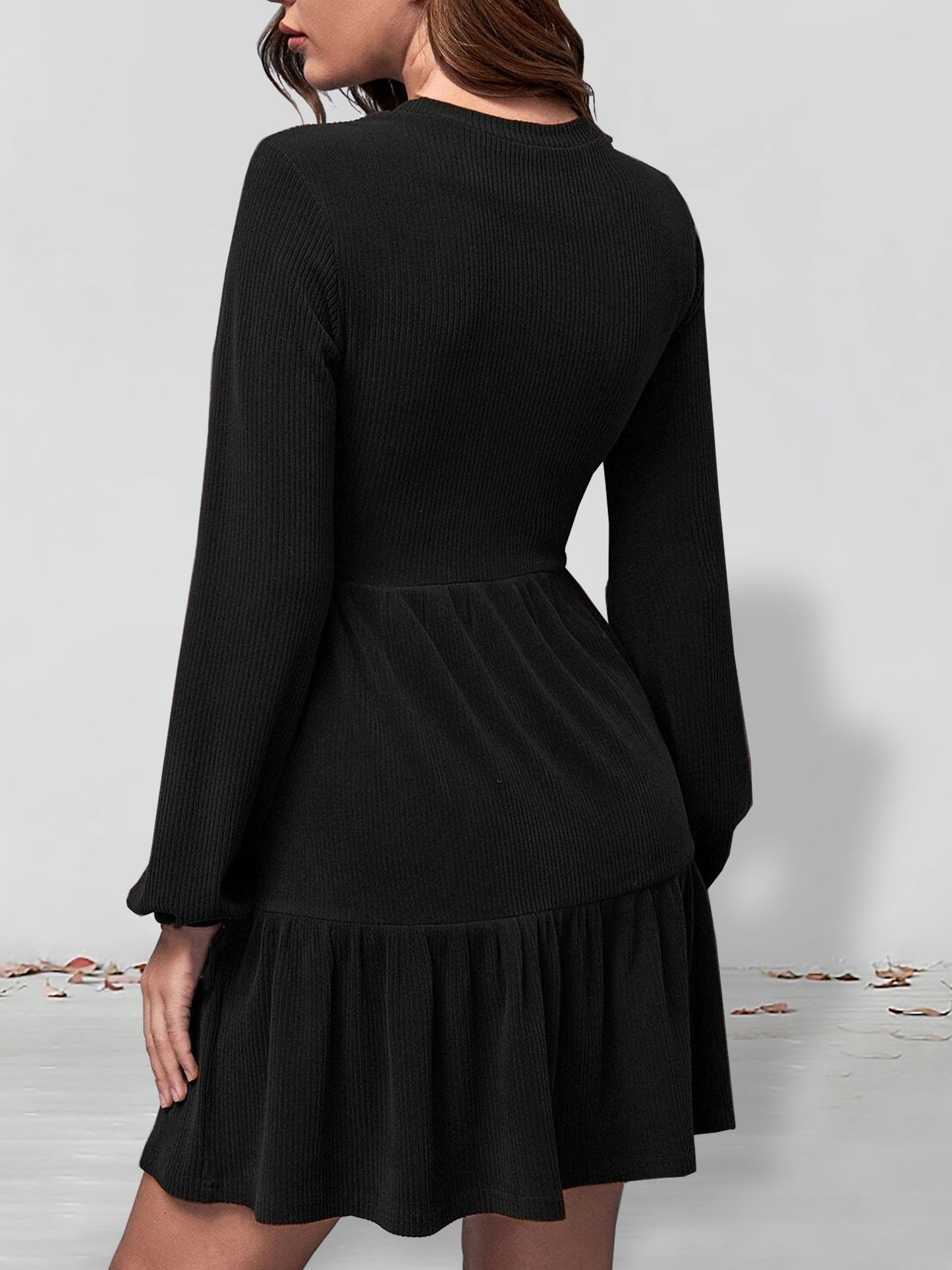Solid Tiered Dress, Casual Crew Neck Long Sleeve Dress, Women's Clothing