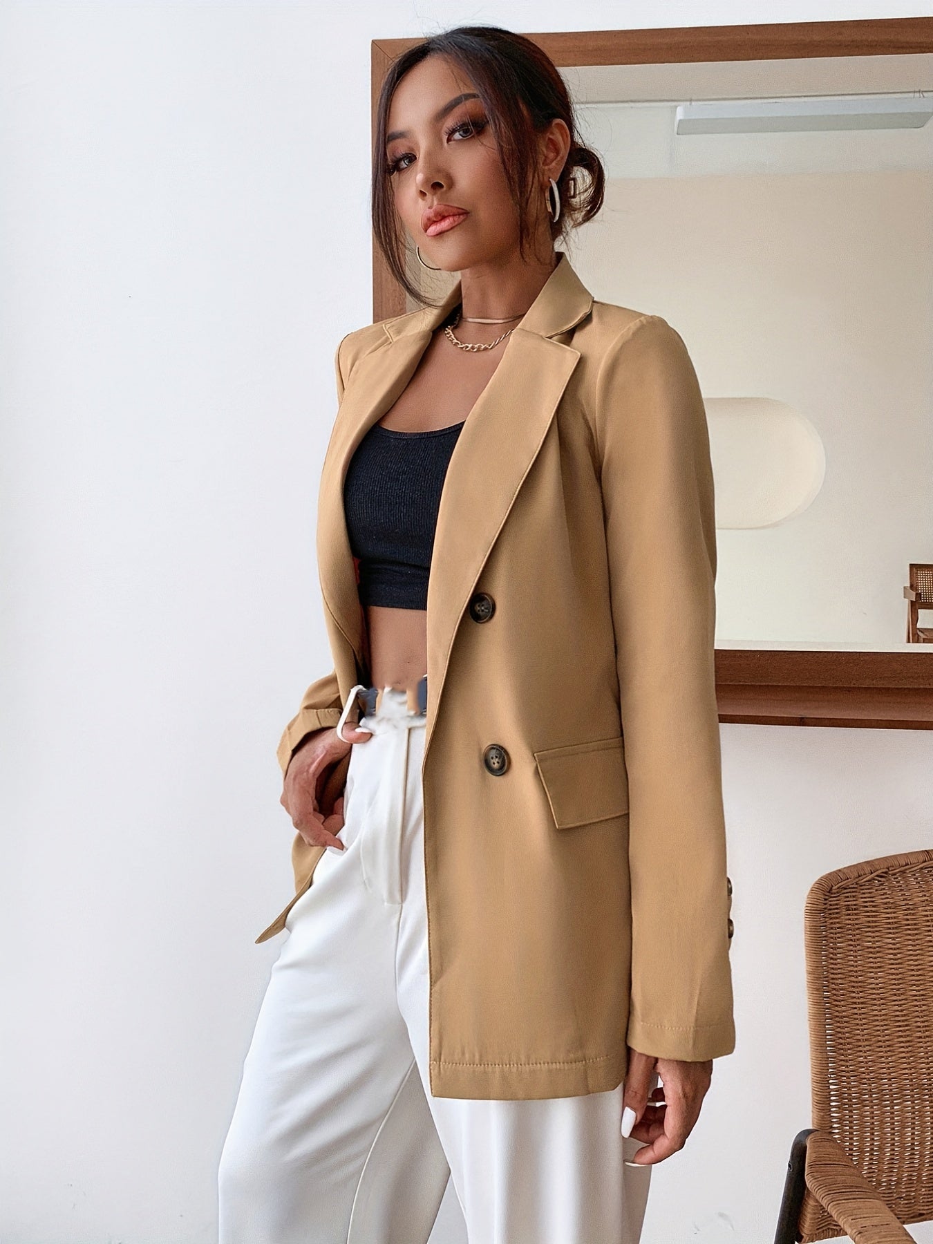 Double Breasted Lapel Blazer, Elegant Open Front Long Sleeve Outerwear, Women's Clothing