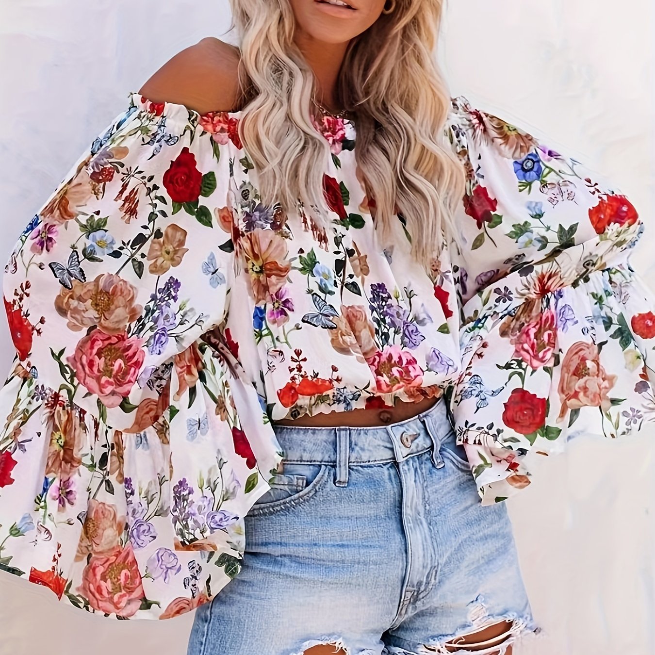gbolsos Vintage Floral Print Blouse, Vacation Off Shoulder Flared Sleeve Blouse, Women's Clothing