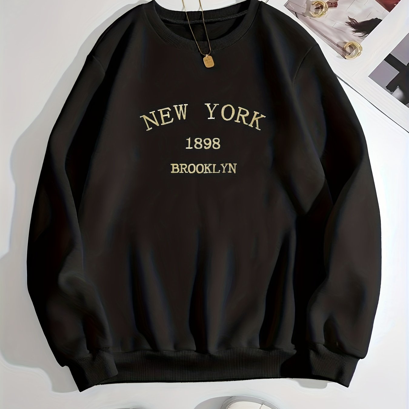 New York Brooklyn Print Loose Sweatshirt, Casual Long Sleeve Crew Neck Sweatshirt, Women's Clothing