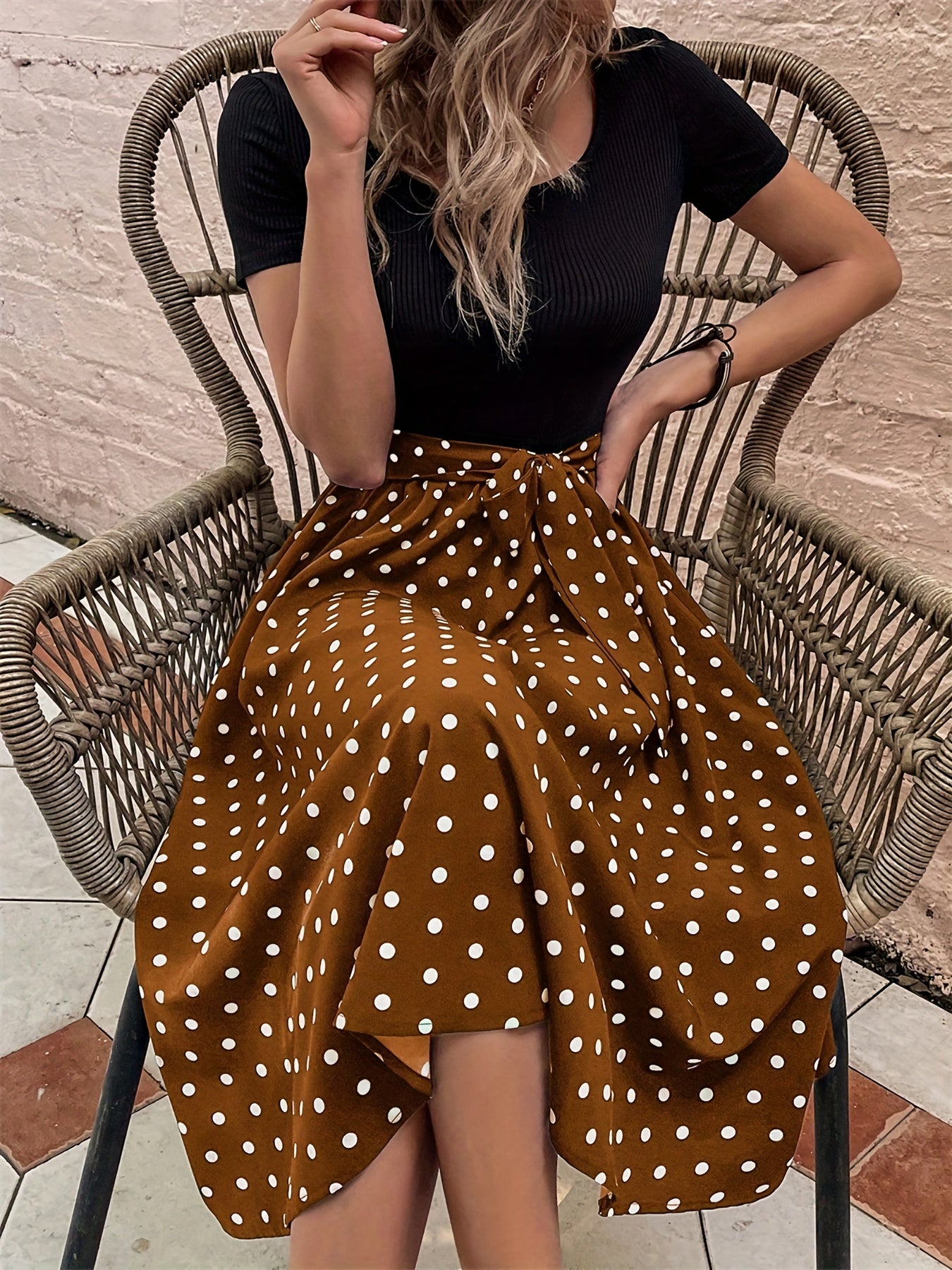 Polka Dot Print Splicing Dress, Casual Crew Neck Short Sleeve Dress, Women's Clothing