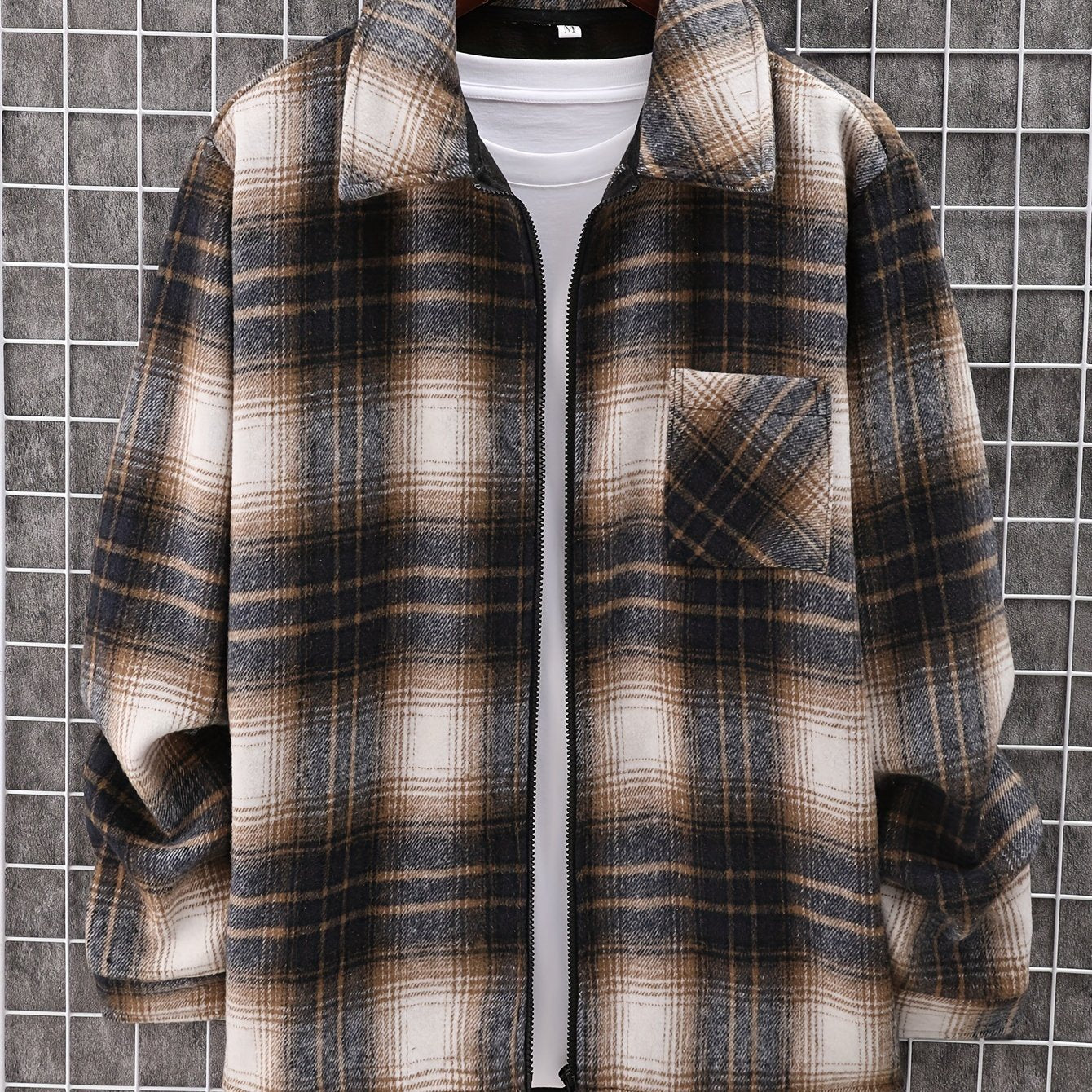 gbolsos Men's Plaid Retro Jacket, Casual Lapel Chest Pocket Shirt Jacket For Fall Winter