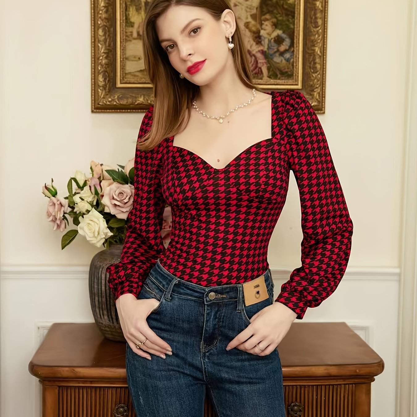 gbolsos Off The Shoulder Elegant Lantern Sleeve T-Shirt, Houndstooth Print Top For Autumn And Winter, Women's Clothing